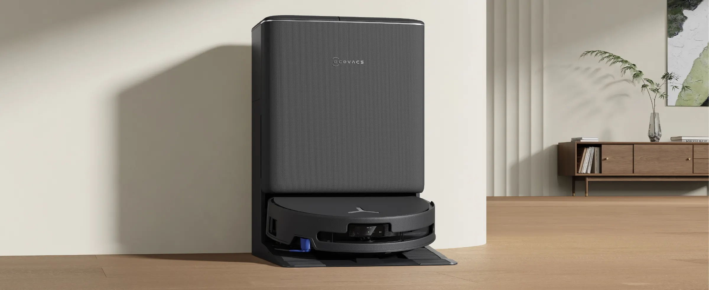 ECOVACS DEEBOT T90 PRO OMNI docked in its station in a living room